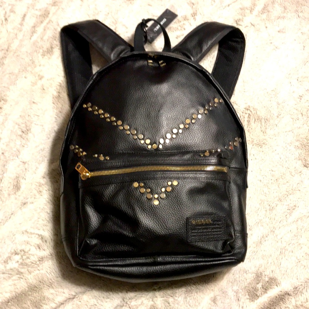 NWT Diesel Black Leather with Gold Studs Backpack